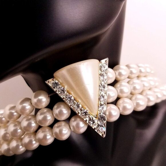 Christina Collection Necklace Clip On Earrings Simulated Pearls 3 Strands - Picture 3 of 15